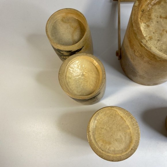 Tiki Bamboo Glasses & Ice Bucket Hand Painted Korean War Souvenir 50's Set of 7 - Picture 11 of 16